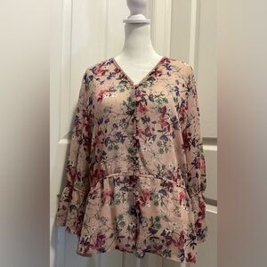 Liz Claiborne Pink Floral Metallic Sparkle 3/4 Bell Sleeve Blouse Size Md